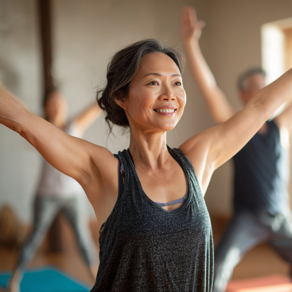 Smiling middle-aged Kazakh woman in comfortable yoga attire sitting in meditation pose in a peaceful natural setting