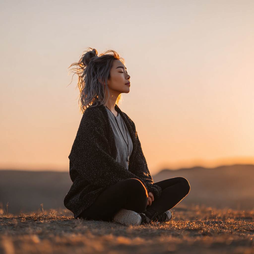 Young Kazakh woman in peaceful yoga pose outdoors, demonstrating relaxation technique with serene facial expression
